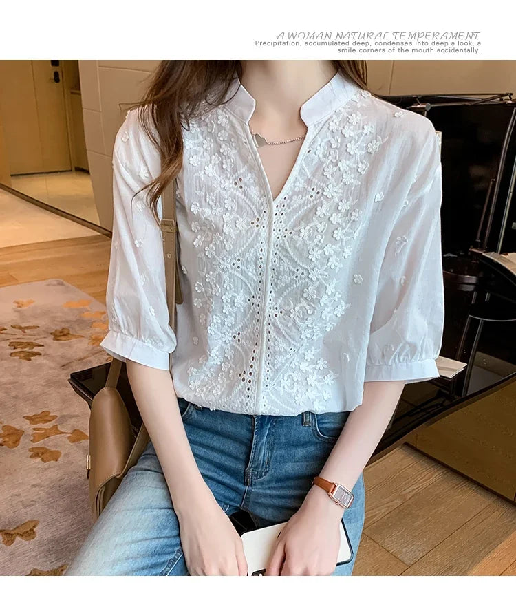 Limited Edition – Hollow-Out V-Neck Cotton Top for Women