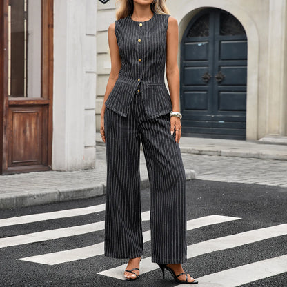 Trendy Two-Piece Set – Sleeveless Darted Vest with Wide-Leg Trousers
