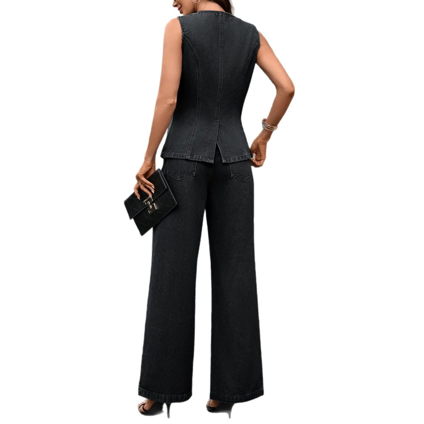 Trendy Two-Piece Set – Sleeveless Darted Vest with Wide-Leg Trousers