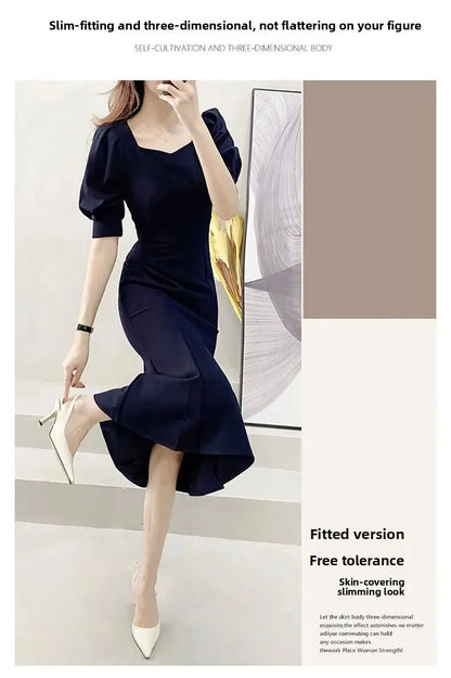 Chic Women’s Ball Gown – Square Collar Puffy Sleeve Fish Tail Dress
