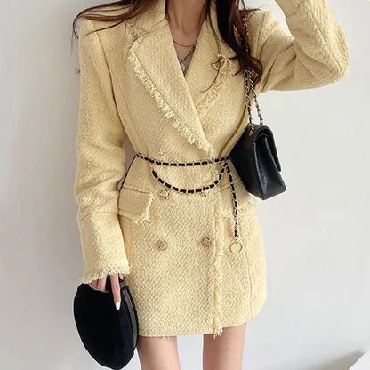Waist Cinched Wool Coat – Women’s Chic Long Sleeve Double-Breasted Jacke