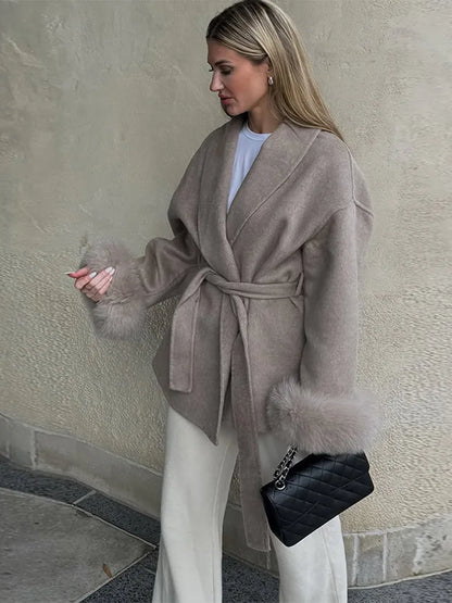Elegant Woolen Coat – Women’s Full Sleeve Loose Short Coat with Belt