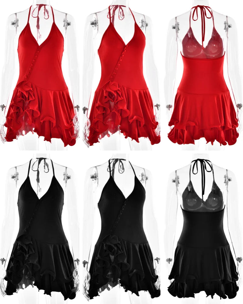 Absobe Ruffle Mini Dress - V-Neck A-Line Bodycon with Asymmetrical Buttons
