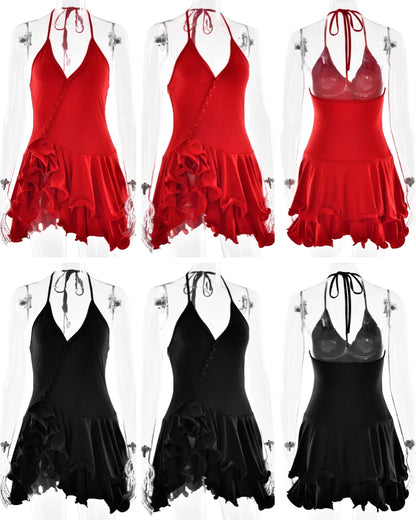 Absobe Ruffle Mini Dress - V-Neck A-Line Bodycon with Asymmetrical Buttons