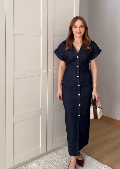 Fashionable Women’s Midi Dress – Lapel Denim Slim Waist Dress