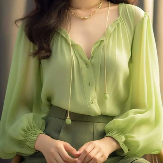 Trendy Women’s Chiffon Top – Korean Style Slim Fit Long Sleeve