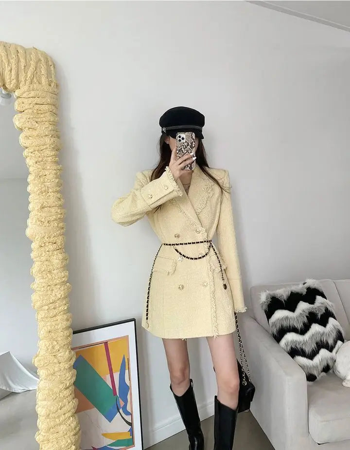 Waist Cinched Wool Coat – Women’s Chic Long Sleeve Double-Breasted Jacke