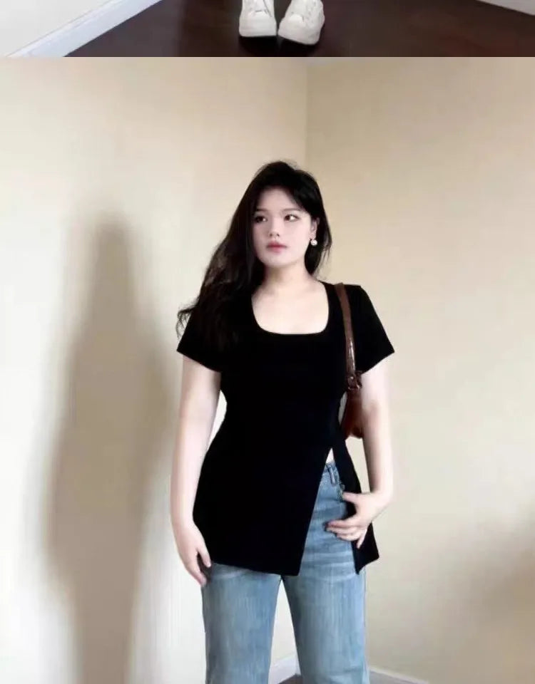 Women’s Summer Outfit – Slim Fit T-Shirt with Square Neck Design