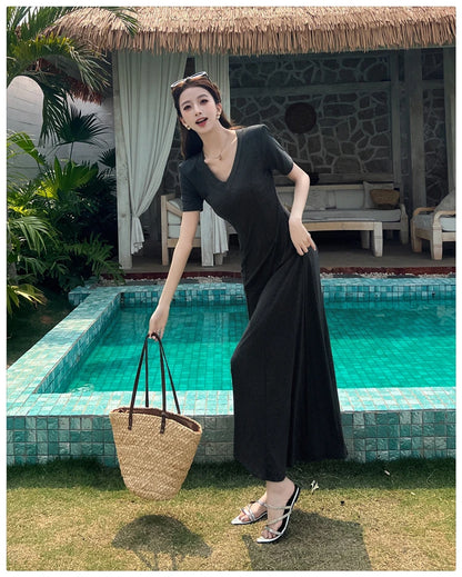 Casual Summer Dress – V-Neck Slim Waist Flared Skirt for Women