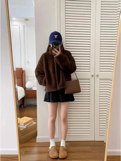 Golden Mink Lined Faux Fur Coat – Short Stand Collar Winter Jacket