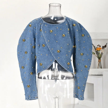 Pearl Beaded Cowboy Jacket – Women’s Long Lantern Sleeve Denim Bomber