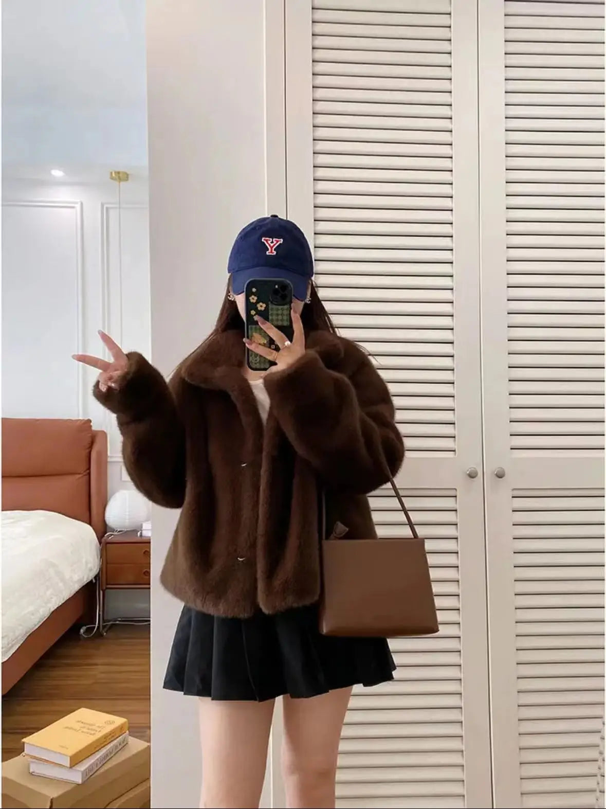 Golden Mink Lined Faux Fur Coat – Short Stand Collar Winter Jacket