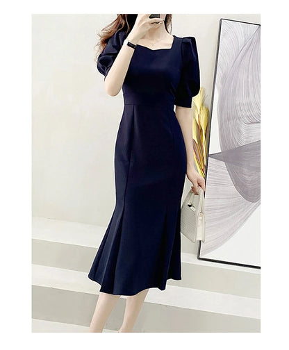 Fashionable Summer Dress – Slim Fit Square Collar Bubble Sleeve