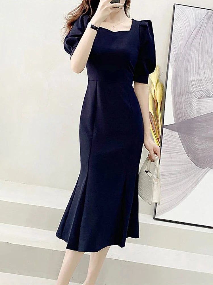 Fashionable Summer Dress – Slim Fit Square Collar Bubble Sleeve