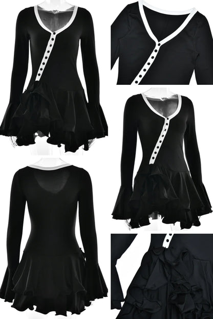Absobe Ruffle Mini Dress - V-Neck A-Line Bodycon with Asymmetrical Buttons