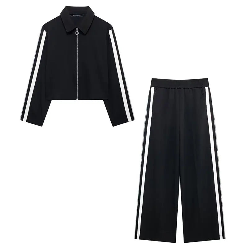 TRAFZA Vintage Women’s Outfit – Short Black Jacket & Black White Patchwork Pants