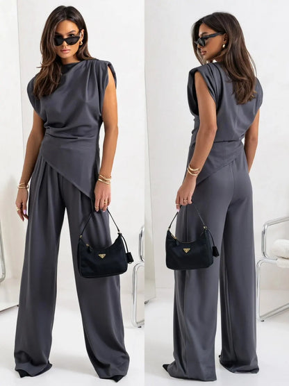 Women’s Solid Color Summer Set – Irregular Top + Wide Leg Pants