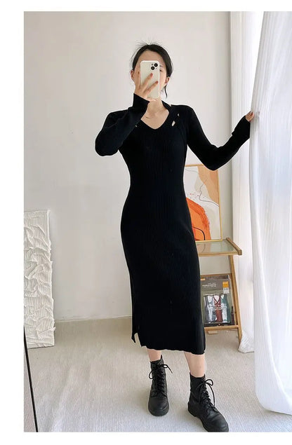 Street Style Winter Dress – Women’s Slim Halter Knit Long Skirt