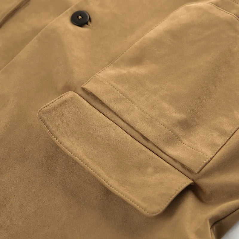 Women’s Casual Suede Jacket – Long Sleeve Solid Lapel Autumn Coat