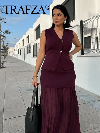Wine Red Knitted Vest & High Waist Long Skirt – TRAFZA 2025 Women’s Set