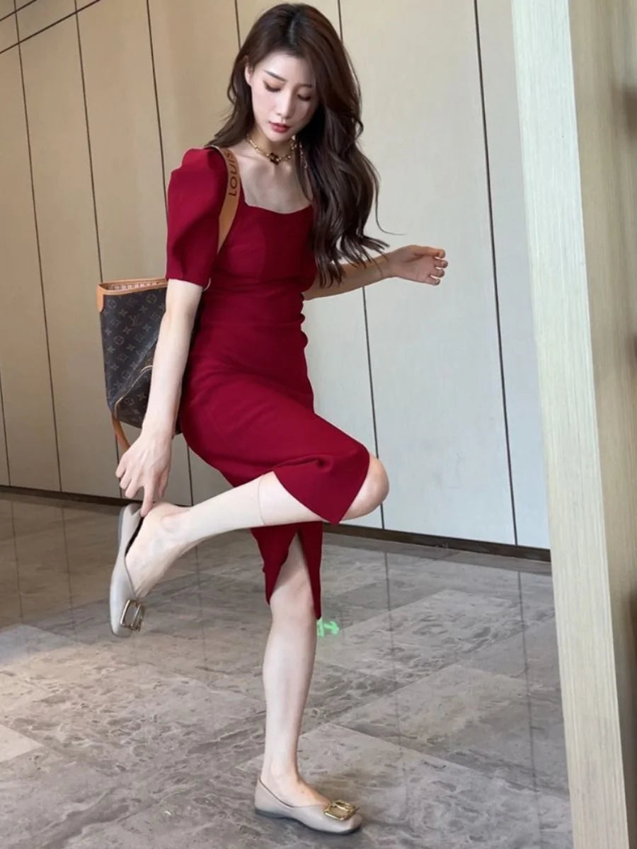 Street Style Summer Dress – Slimming Split Skirt High Waist Midi