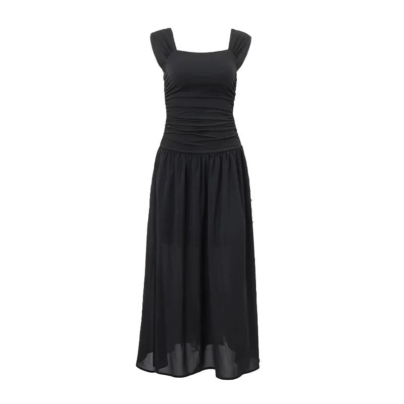 Casual Elegant Summer Dress – High-Waist Solid Ruched Maxi Dress