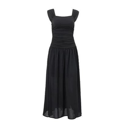Casual Elegant Summer Dress – High-Waist Solid Ruched Maxi Dress