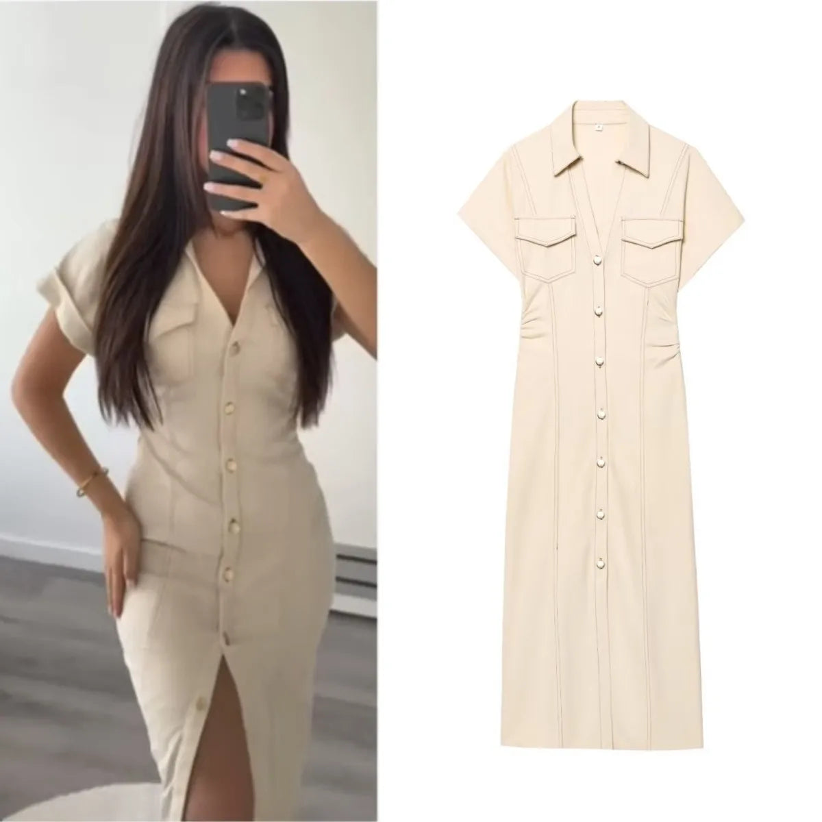 Fashionable Women’s Midi Dress – Lapel Denim Slim Waist Dress