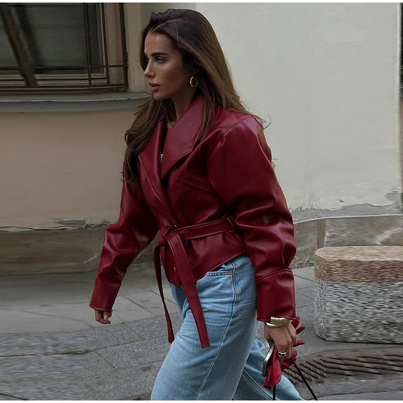 Short Faux Leather Jacket – Women’s Pockets Belt Turn-down Collar Coat