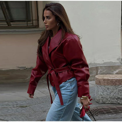 Short Faux Leather Jacket – Women’s Pockets Belt Turn-down Collar Coat