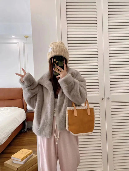 Golden Mink Lined Faux Fur Coat – Short Stand Collar Winter Jacket