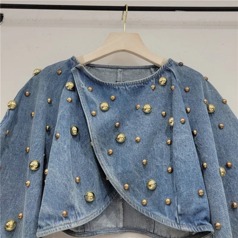 Pearl Beaded Cowboy Jacket – Women’s Long Lantern Sleeve Denim Bomber