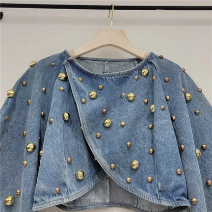 Pearl Beaded Cowboy Jacket – Women’s Long Lantern Sleeve Denim Bomber