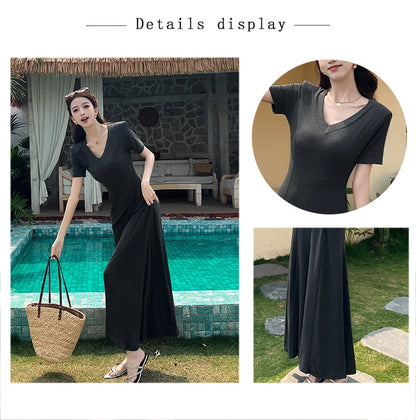 Casual Summer Dress – V-Neck Slim Waist Flared Skirt for Women