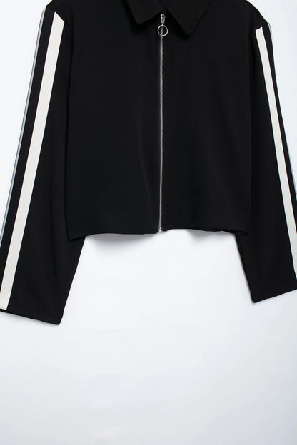 TRAFZA Vintage Women’s Outfit – Short Black Jacket & Black White Patchwork Pants