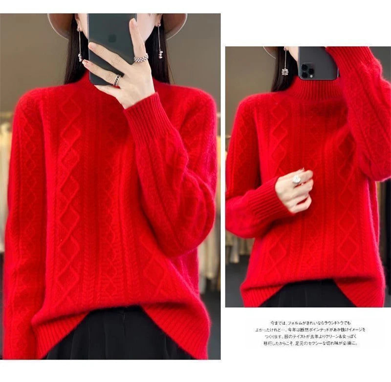 Korean Style Women’s Sweater – 100% Merino Wool Turtleneck Top