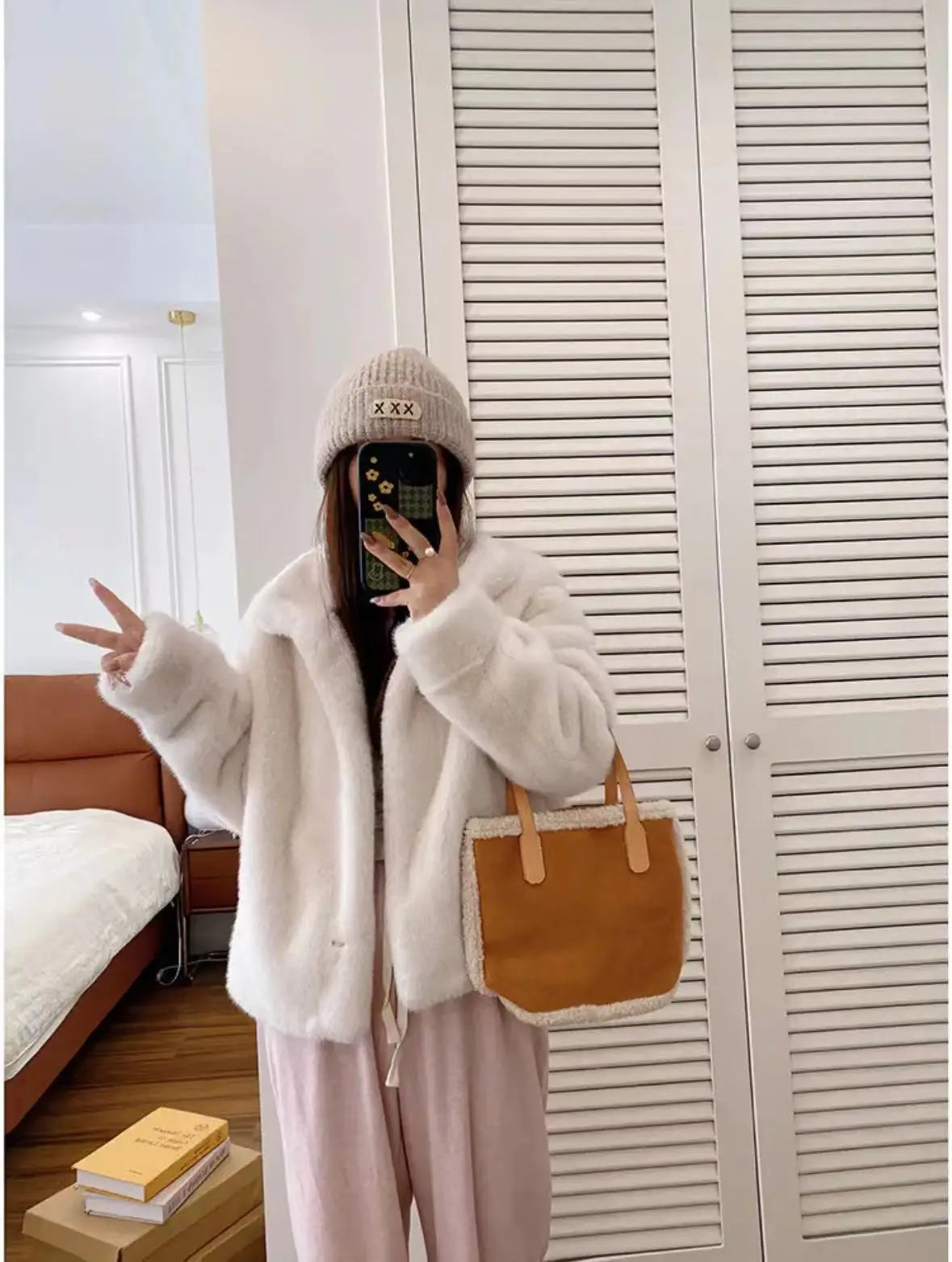 Golden Mink Lined Faux Fur Coat – Short Stand Collar Winter Jacket