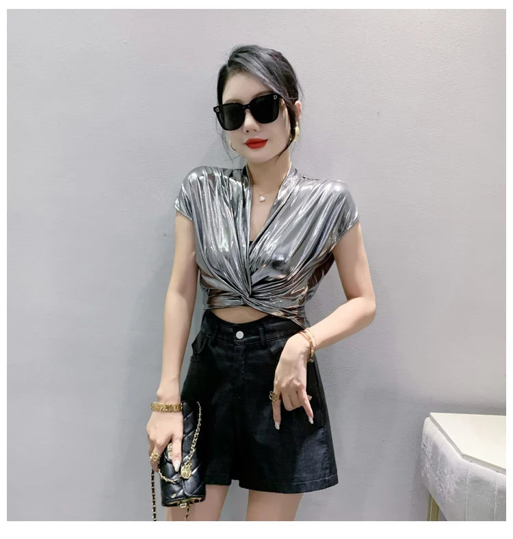 Shine & Chic – Metallic Short Sleeve Wrap Top for Women