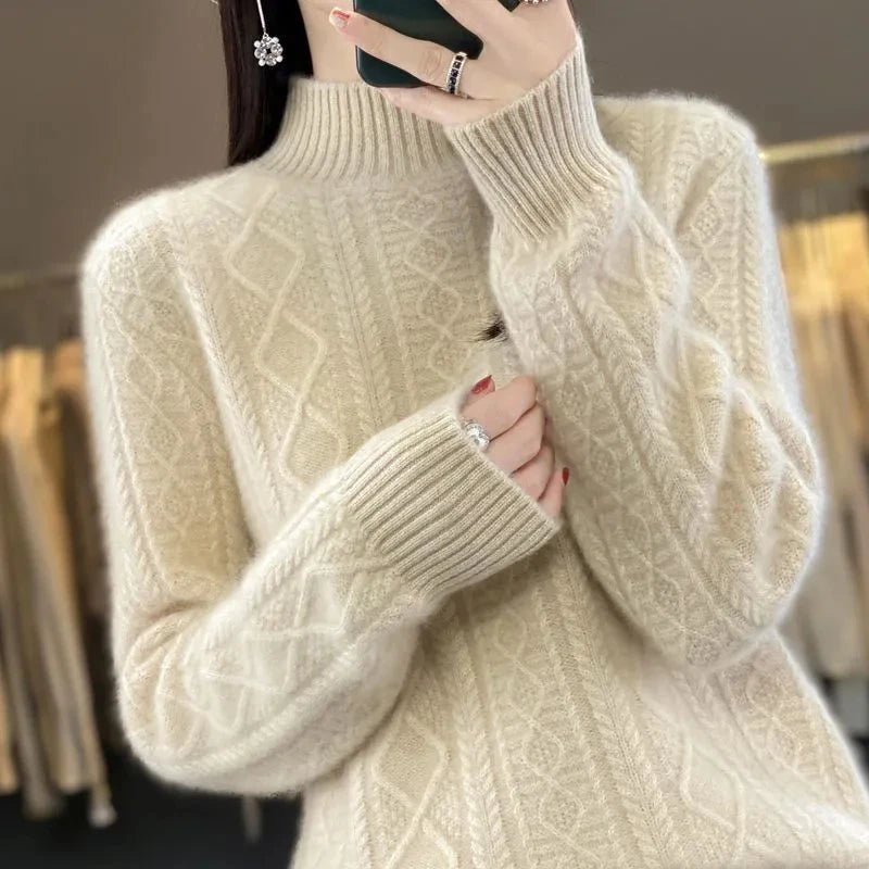 Korean Style Women’s Sweater – 100% Merino Wool Turtleneck Top