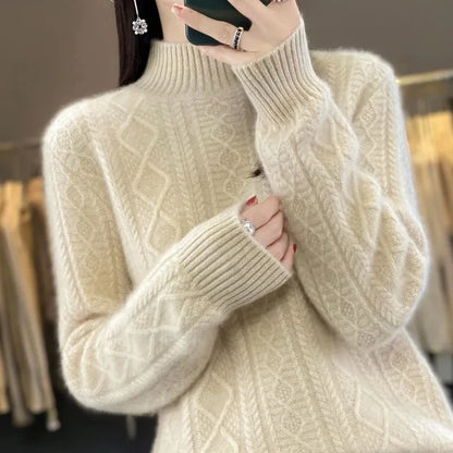 Korean Style Women’s Sweater – 100% Merino Wool Turtleneck Top