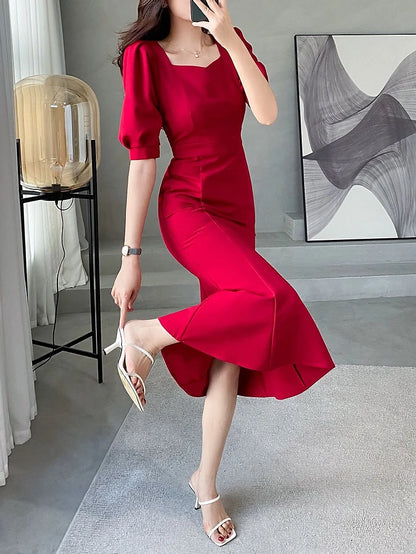 Fashionable Summer Dress – Slim Fit Square Collar Bubble Sleeve