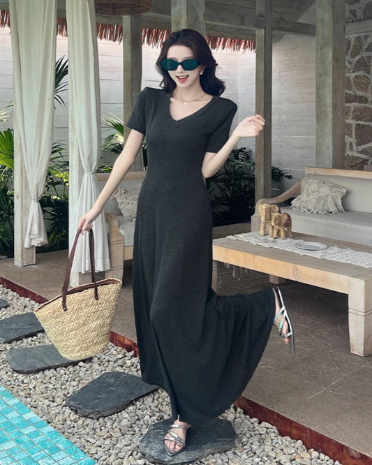 Casual Summer Dress – V-Neck Slim Waist Flared Skirt for Women