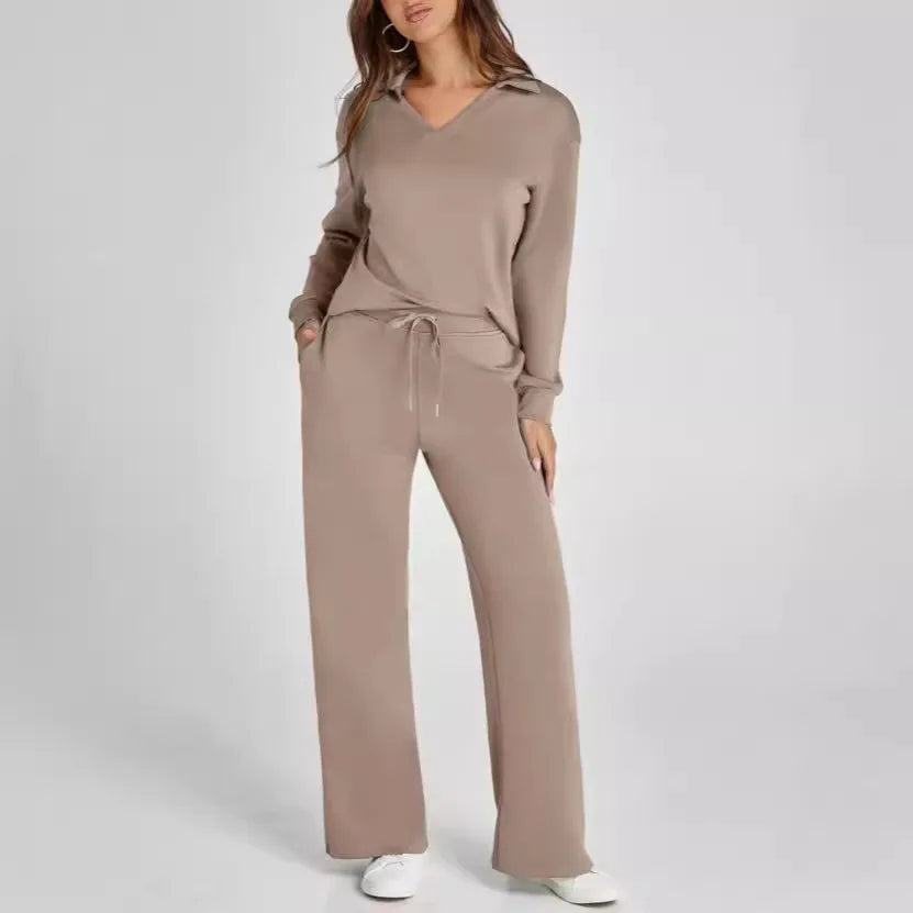Spring Women’s Outfit – Loose V-Neck Top with Drawstring + Flared Trousers