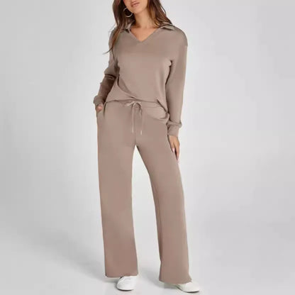 Spring Women’s Outfit – Loose V-Neck Top with Drawstring + Flared Trousers