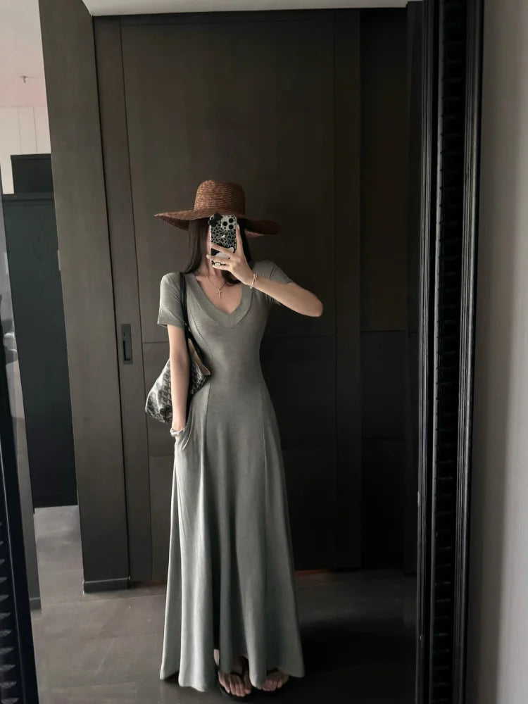 Street Style Women’s Dress – Slimming V-Neck High Waist A-Line Dress