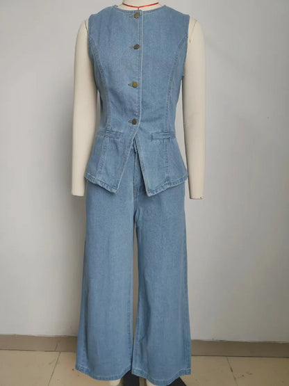Trendy Two-Piece Set – Sleeveless Darted Vest with Wide-Leg Trousers