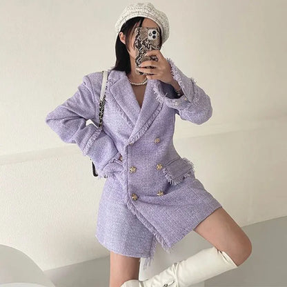 Waist Cinched Wool Coat – Women’s Chic Long Sleeve Double-Breasted Jacke