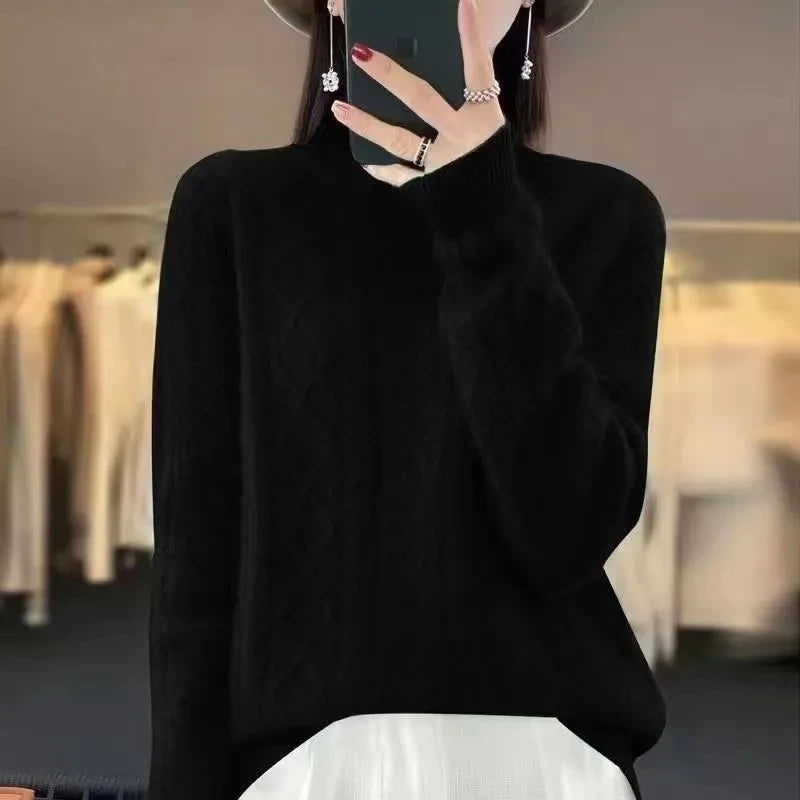 Korean Style Women’s Sweater – 100% Merino Wool Turtleneck Top