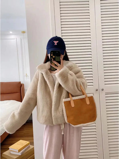 Golden Mink Lined Faux Fur Coat – Short Stand Collar Winter Jacket