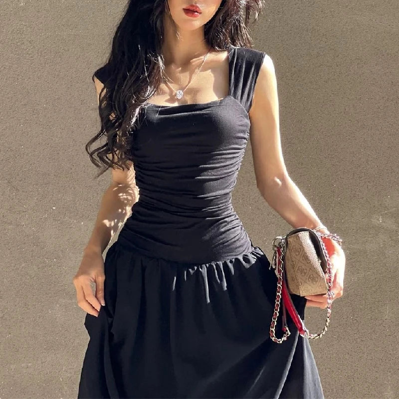 Casual Elegant Summer Dress – High-Waist Solid Ruched Maxi Dress